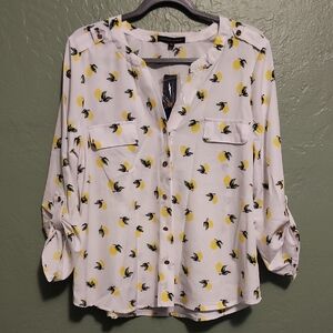 Adrienne Vittadini White Blouse with Yellow and Black Floral Pattern
